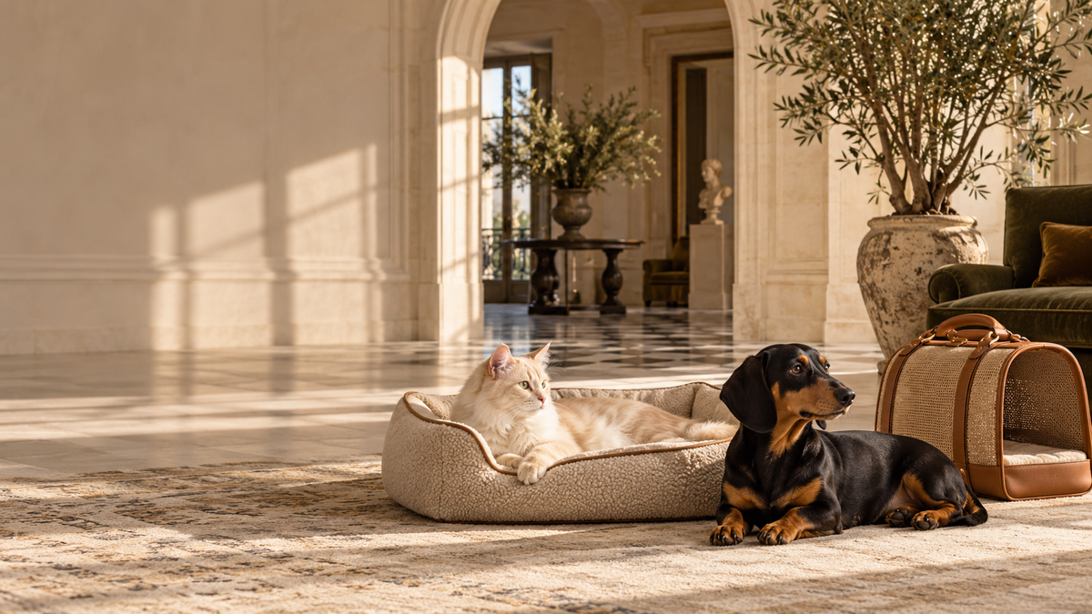 Cat and dog in a warm architectural interior with pet essentials
